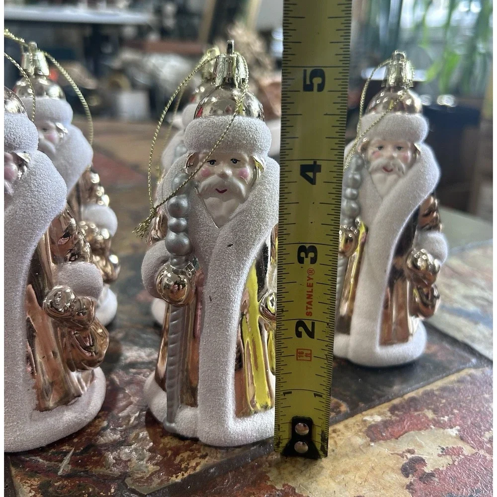 Set of 8 Father Christmas Ornaments Shatterproof Metallic Gold Vintage Style